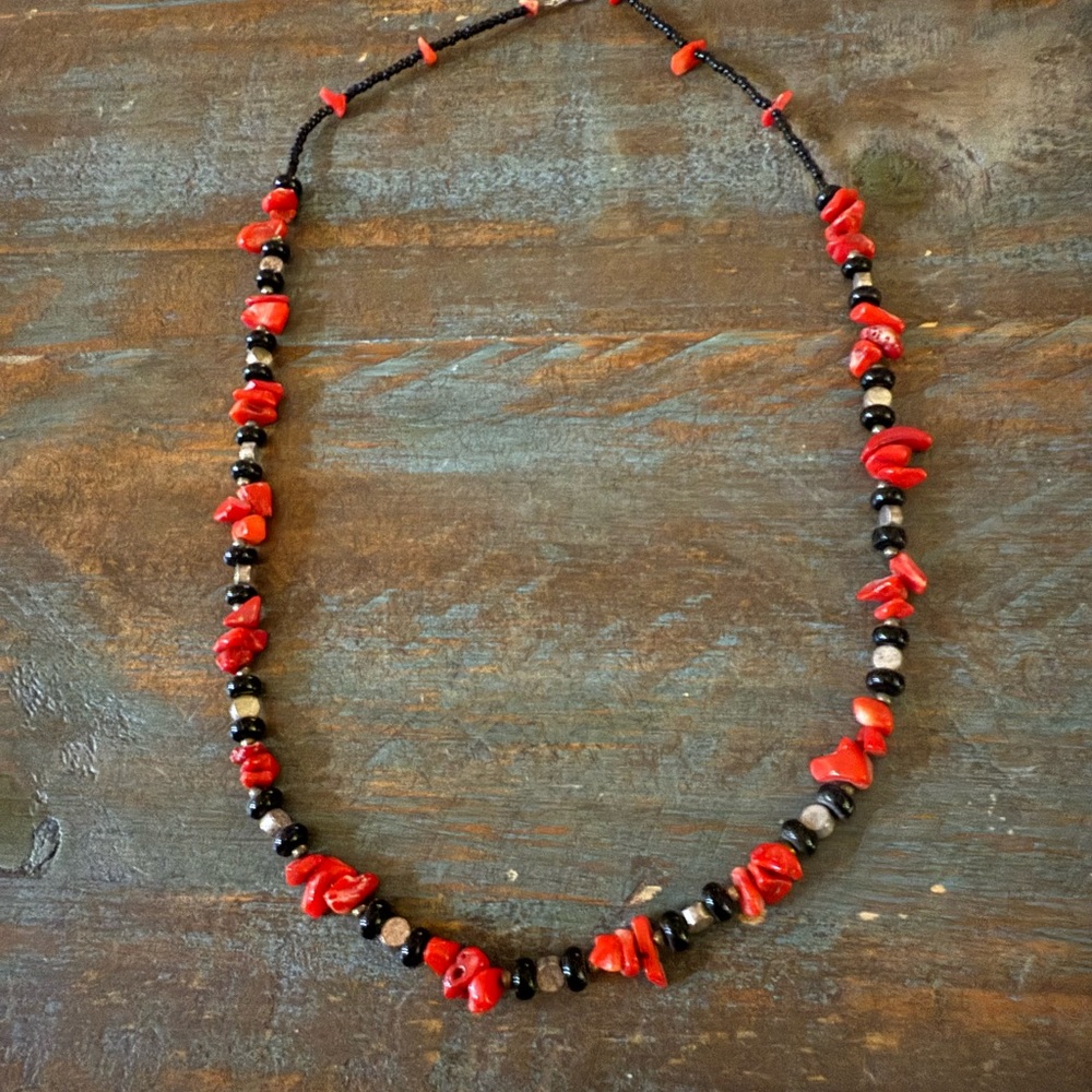 Handmade Red and Black Beaded Necklace